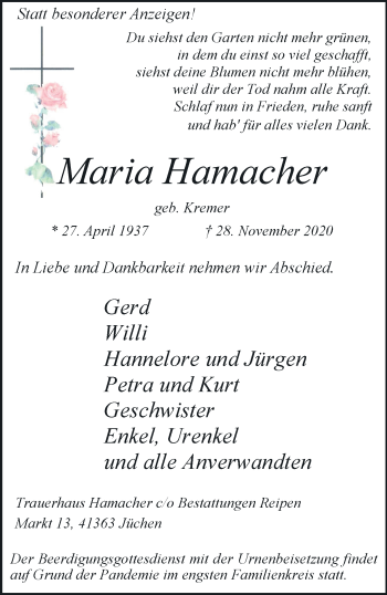 Traueranzeige von Maria Hamacher von trauer.stadt-kurier.de