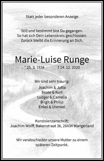 Traueranzeige von Marie-Luise Runge von trauer.wuppertaler-rundschau.de