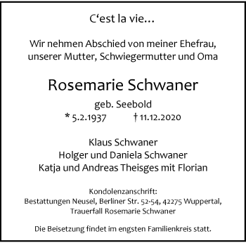 Traueranzeige von Rosemarie Schwaner von trauer.wuppertaler-rundschau.de