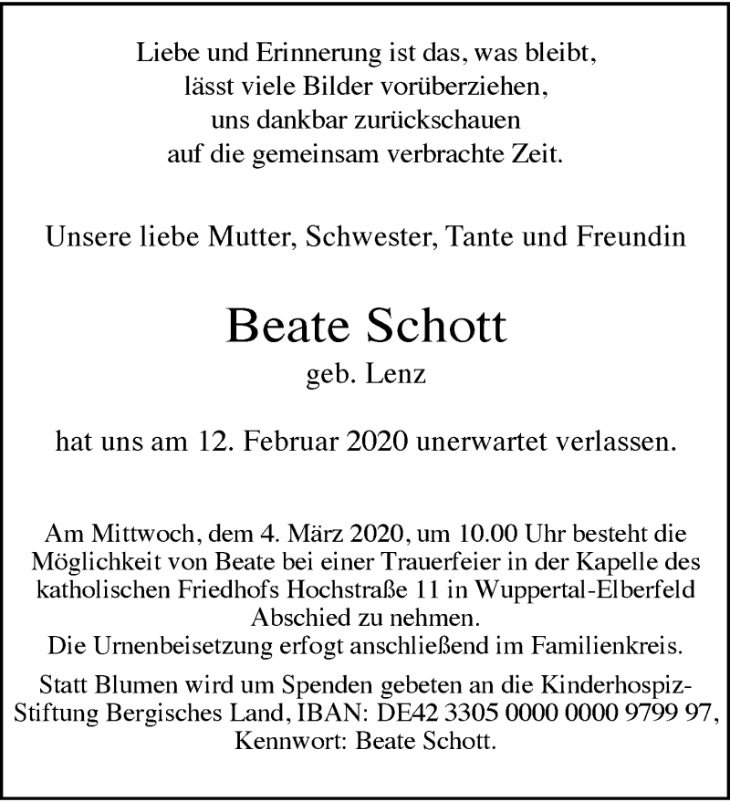  Traueranzeige für Beate Schott vom 29.02.2020 aus trauer.wuppertaler-rundschau.de