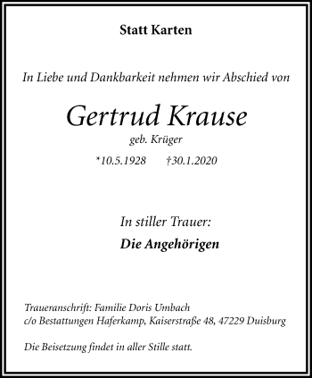 Traueranzeige von Gertrud Krause von trauer.stadt-panorame.de