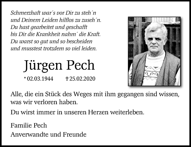  Traueranzeige für Jürgen Pech vom 01.03.2020 aus trauer.mein.krefeld.de