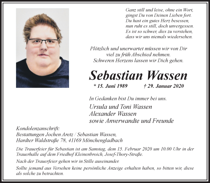  Traueranzeige für Sebastian Wassen vom 09.02.2020 aus trauer.extra-tipp-moenchengladbach.de