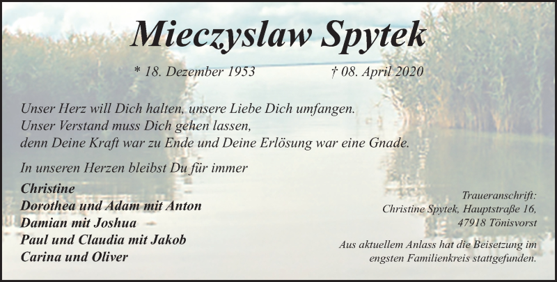  Traueranzeige für Mieczyslaw Spytek vom 26.04.2020 aus trauer.mein.krefeld.de