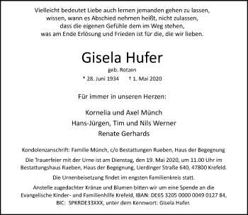 Traueranzeige von Gisela Hufer von trauer.mein.krefeld.de
