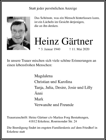 Traueranzeige von Heinz Gärtner von trauer.extra-tipp-moenchengladbach.de
