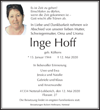 Traueranzeige von Inge Hoff von trauer.extra-tipp-moenchengladbach.de
