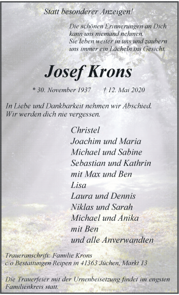 Traueranzeige von Josef Krons von trauer.stadt-kurier.de
