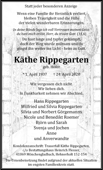 Traueranzeige von Käthe Rippegarten von trauer.extra-tipp-moenchengladbach.de