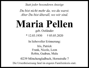 Traueranzeige von Maria Pellen von trauer.extra-tipp-moenchengladbach.de