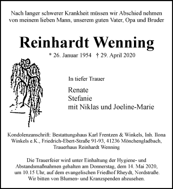 Traueranzeige von Reinhardt Wenning von trauer.extra-tipp-moenchengladbach.de
