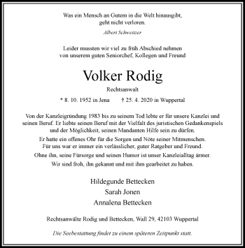 Traueranzeige von Volker Rodig von trauer.wuppertaler-rundschau.de