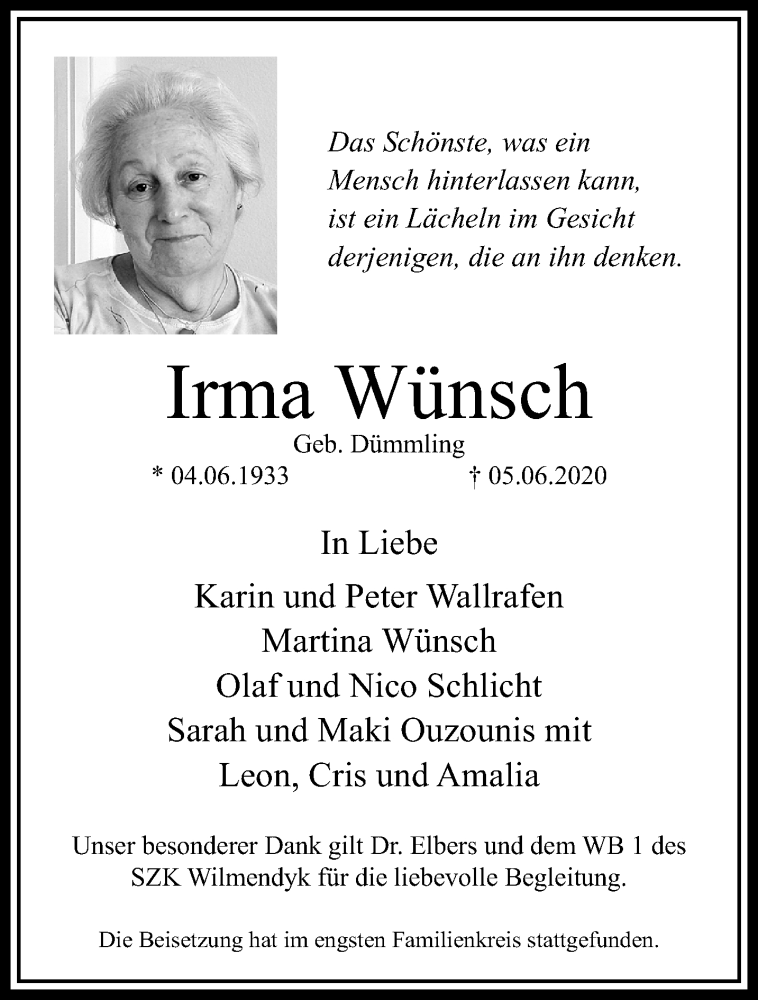  Traueranzeige für Irma Wünsch vom 21.06.2020 aus trauer.mein.krefeld.de