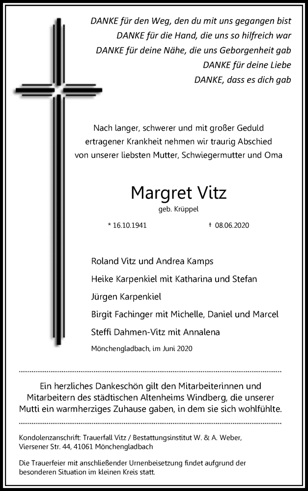  Traueranzeige für Margret Vitz vom 14.06.2020 aus trauer.extra-tipp-moenchengladbach.de