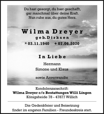 Traueranzeige von Wilma Dreyer von trauer.extra-tipp-moenchengladbach.de