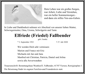 Traueranzeige von Elfriede Faßbender von trauer.extra-tipp-moenchengladbach.de