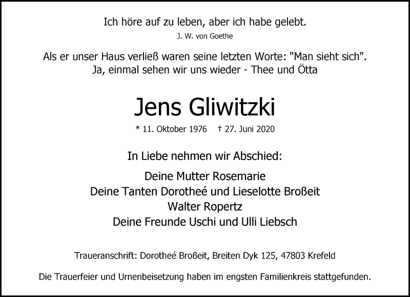  Traueranzeige für Jens Gliwitzki vom 12.07.2020 aus trauer.mein.krefeld.de
