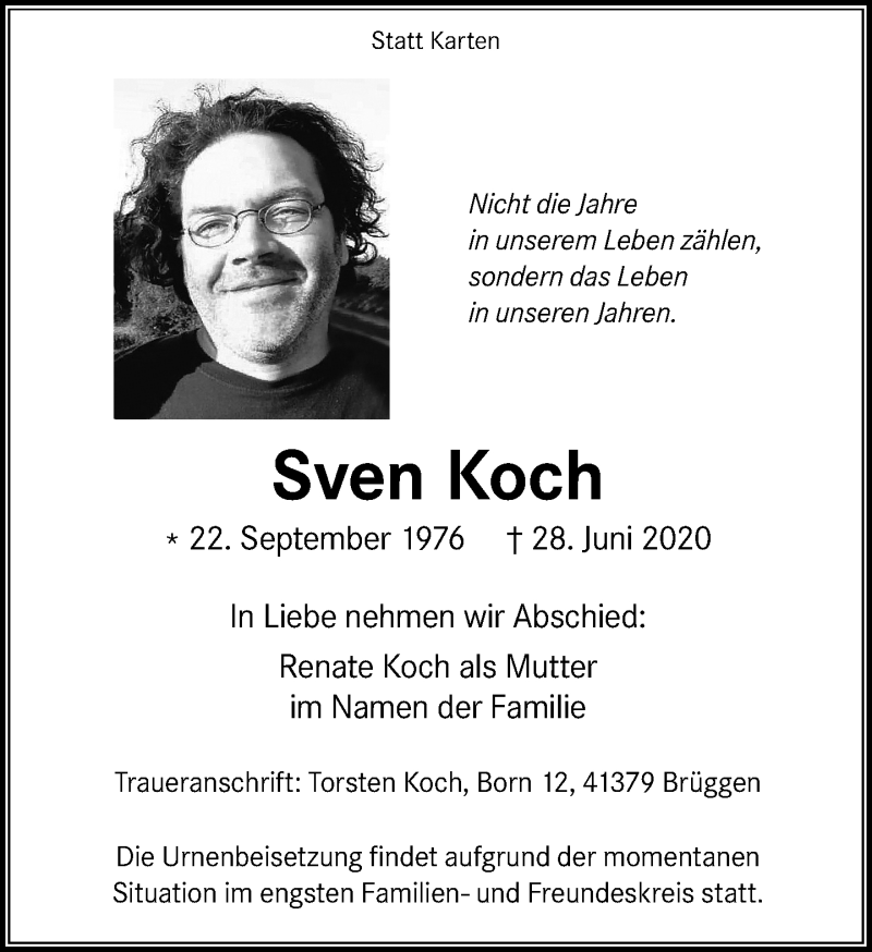  Traueranzeige für Sven Koch vom 05.07.2020 aus trauer.extra-tipp-moenchengladbach.de