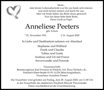 Traueranzeige von Anneliese Peeters von trauer.extra-tipp-moenchengladbach.de