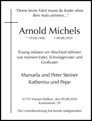 Traueranzeige von Arnold Michels von trauer.extra-tipp-moenchengladbach.de