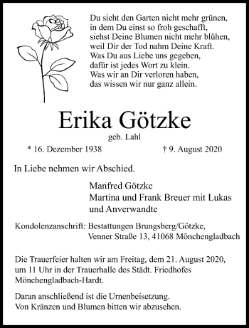 Traueranzeige von Erika Götzke von trauer.extra-tipp-moenchengladbach.de