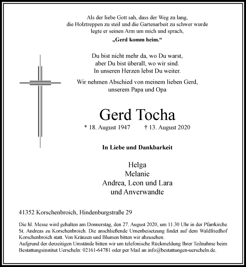  Traueranzeige für Gerd Tocha vom 23.08.2020 aus trauer.extra-tipp-moenchengladbach.de