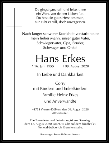 Traueranzeige von Hans Erkes von trauer.extra-tipp-moenchengladbach.de