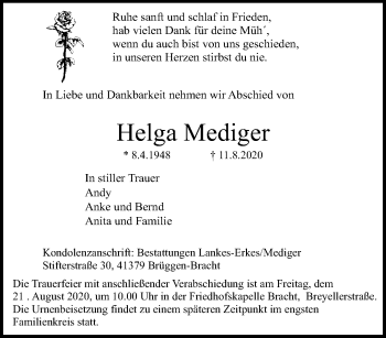 Traueranzeige von Helga Mediger von trauer.extra-tipp-moenchengladbach.de
