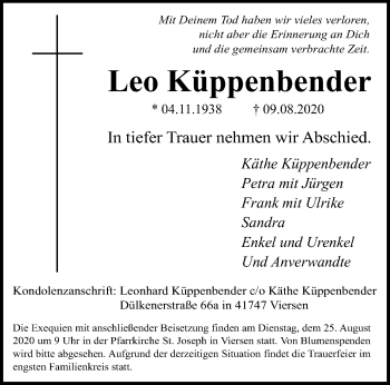 Traueranzeige von Leo Küppenbender von trauer.extra-tipp-moenchengladbach.de