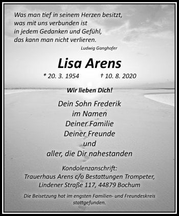 Traueranzeige von Lisa Arens von trauer.wuppertaler-rundschau.de
