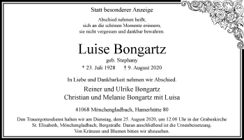 Traueranzeige von Luise Bongartz von trauer.extra-tipp-moenchengladbach.de