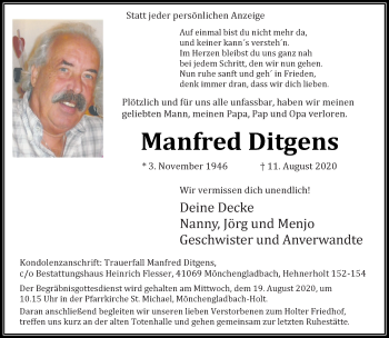 Traueranzeige von Manfred Ditgens von trauer.extra-tipp-moenchengladbach.de