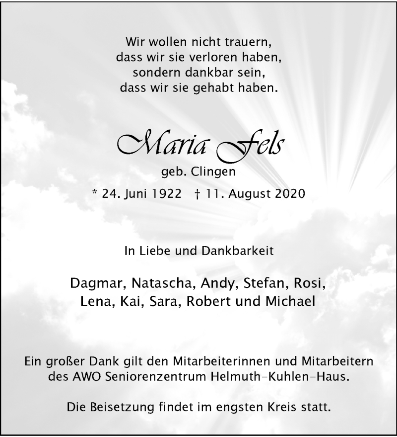  Traueranzeige für Maria Fels vom 23.08.2020 aus trauer.extra-tipp-moenchengladbach.de