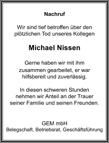 Traueranzeige von Michael Nissen von trauer.extra-tipp-moenchengladbach.de