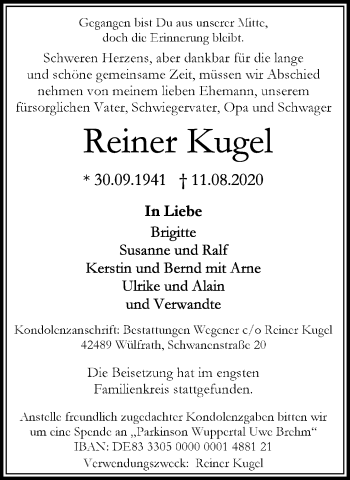 Traueranzeige von Reiner Kugel von trauer.wuppertaler-rundschau.de