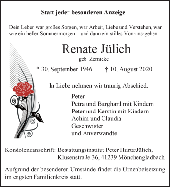 Traueranzeige von Renate Jülich von trauer.extra-tipp-moenchengladbach.de