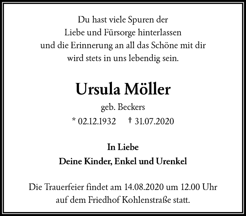  Traueranzeige für Ursula Möller vom 08.08.2020 aus trauer.wuppertaler-rundschau.de