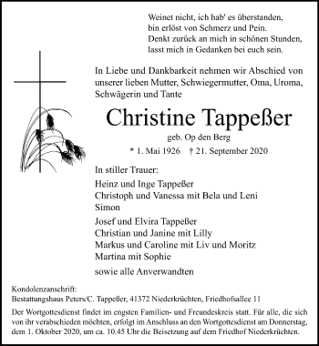 Traueranzeige von Christine Tappeßer von trauer.extra-tipp-moenchengladbach.de
