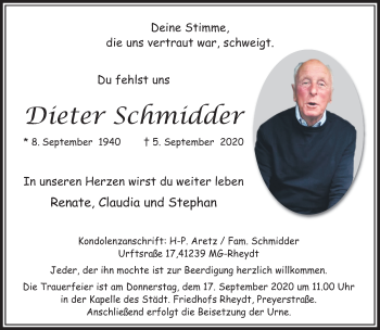 Traueranzeige von Dieter Schmidder von trauer.extra-tipp-moenchengladbach.de