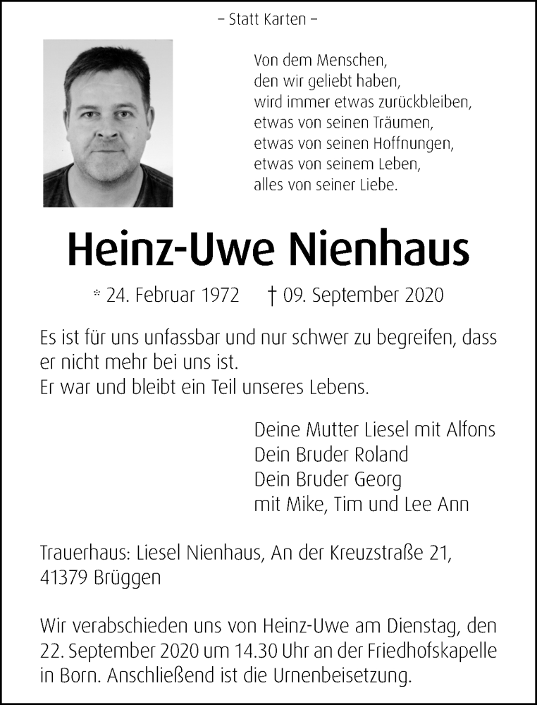  Traueranzeige für Heinz-Uwe Nienhaus vom 20.09.2020 aus trauer.extra-tipp-moenchengladbach.de