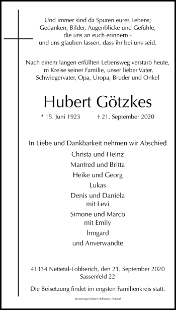 Traueranzeige von Hubert Götzkes von trauer.extra-tipp-moenchengladbach.de