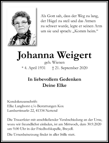 Traueranzeige von Johanna Weigert von trauer.extra-tipp-moenchengladbach.de