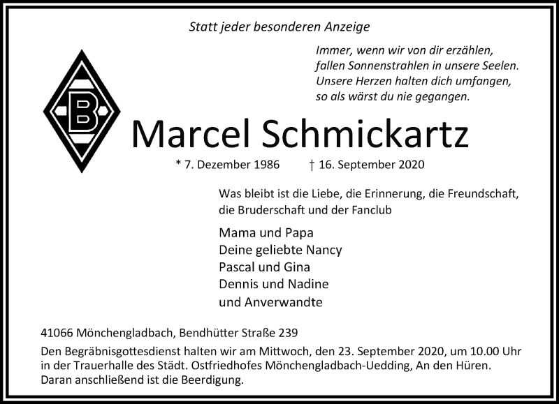  Traueranzeige für Marcel Schmickartz vom 20.09.2020 aus trauer.extra-tipp-moenchengladbach.de