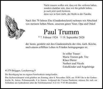 Traueranzeige von Paul Trumm von trauer.extra-tipp-moenchengladbach.de