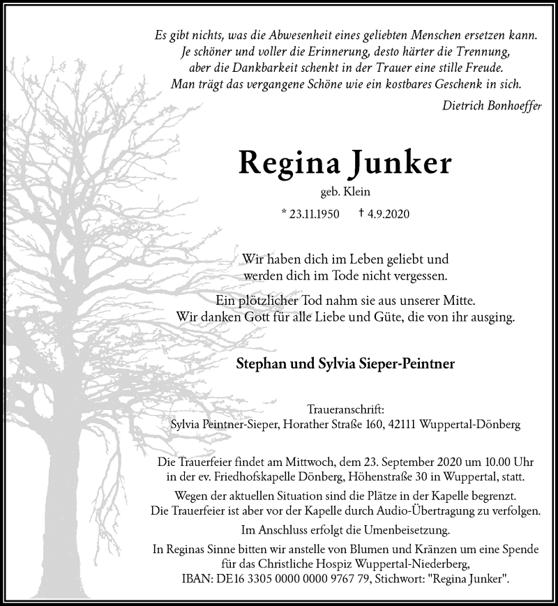  Traueranzeige für Regina Junker vom 12.09.2020 aus trauer.wuppertaler-rundschau.de