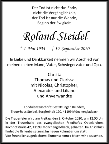 Traueranzeige von Roland Steidel von trauer.extra-tipp-moenchengladbach.de