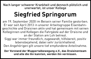 Traueranzeige von Siegfried Springorum von trauer.wuppertaler-rundschau.de