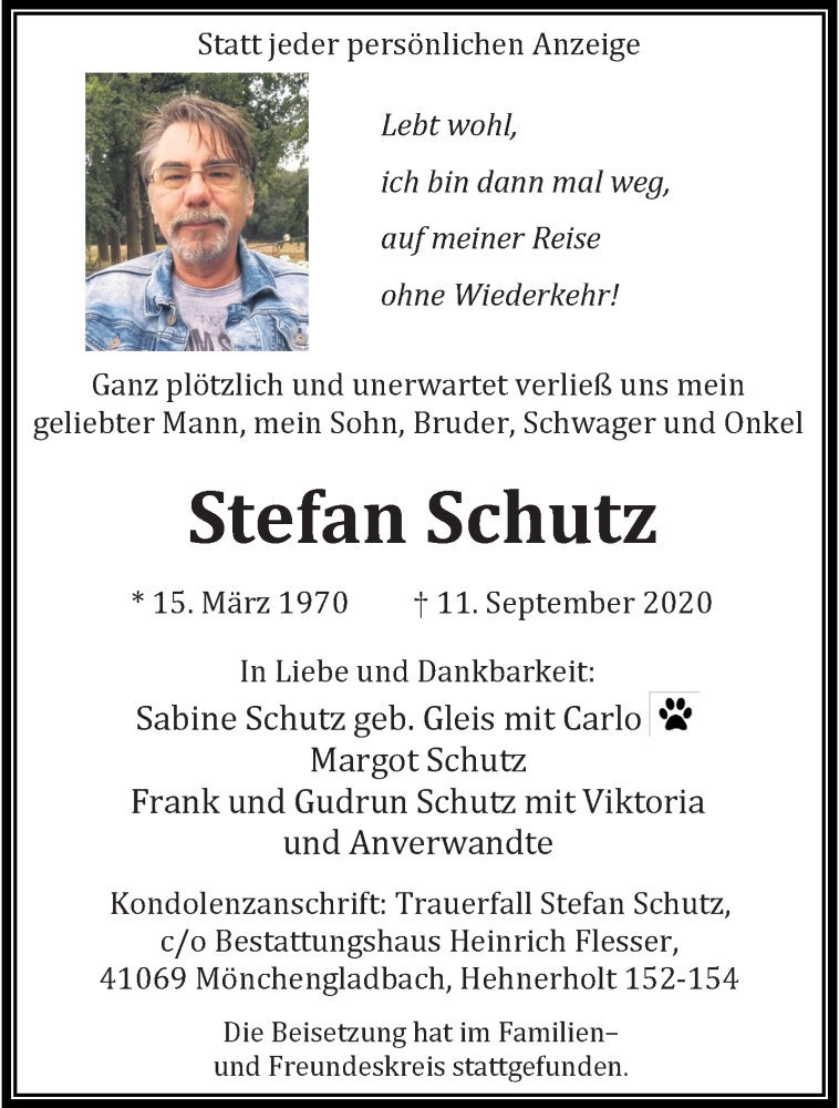  Traueranzeige für Stefan Schutz vom 27.09.2020 aus trauer.extra-tipp-moenchengladbach.de