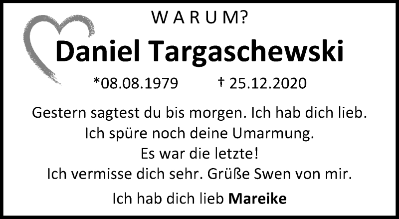  Traueranzeige für Daniel Targaschewski vom 03.01.2020 aus trauer.mein-krefeld.de