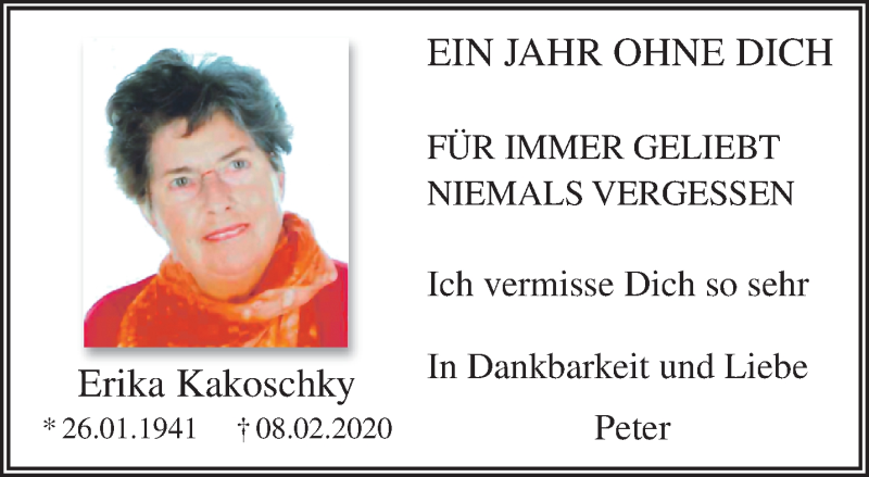  Traueranzeige für Erika Kakoschky vom 07.02.2021 aus trauer.mein.krefeld.de